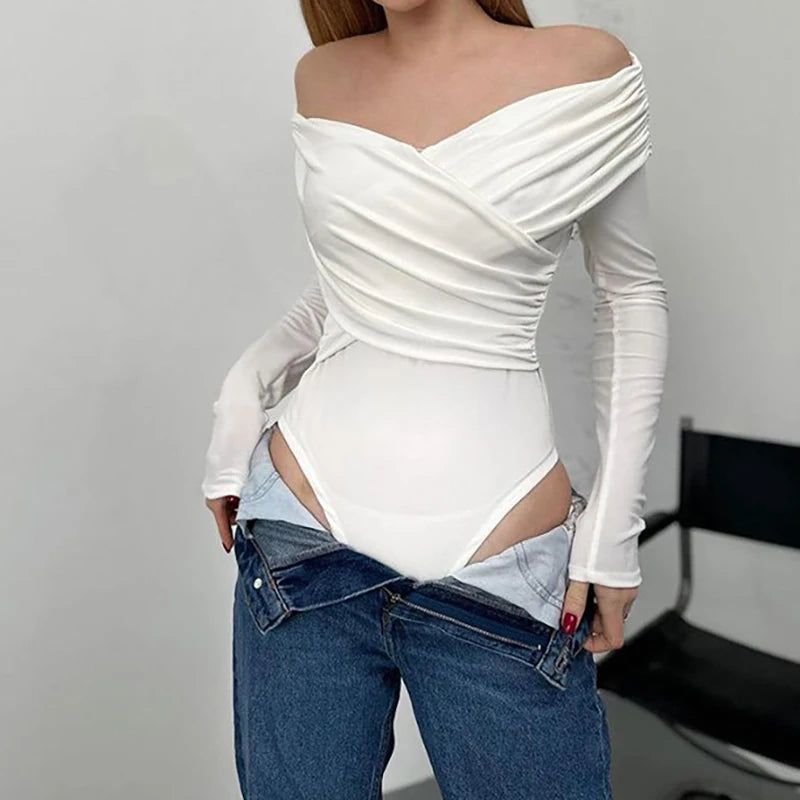 Women's New Solid Off Shoulder Long Sleeve Bodysuit Romper