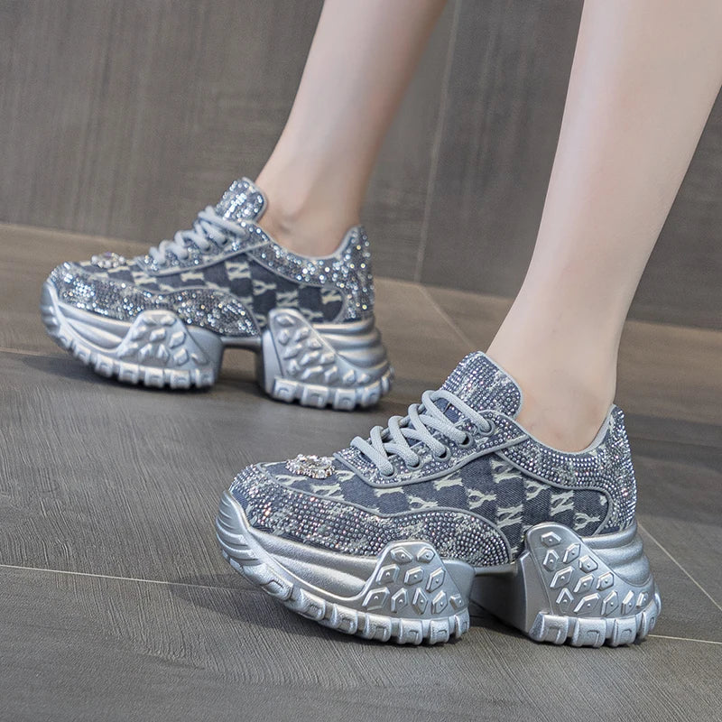 Women's Denim Fabric Crystal Luxury Chunky Sneakers