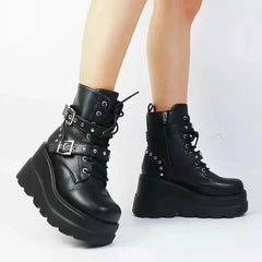 Women's Black Pu Leather Ankle Boots with Round Toe and Lace-Up