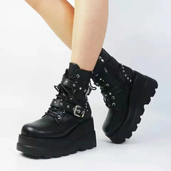 Women's Black Pu Leather Ankle Boots with Round Toe and Lace-Up