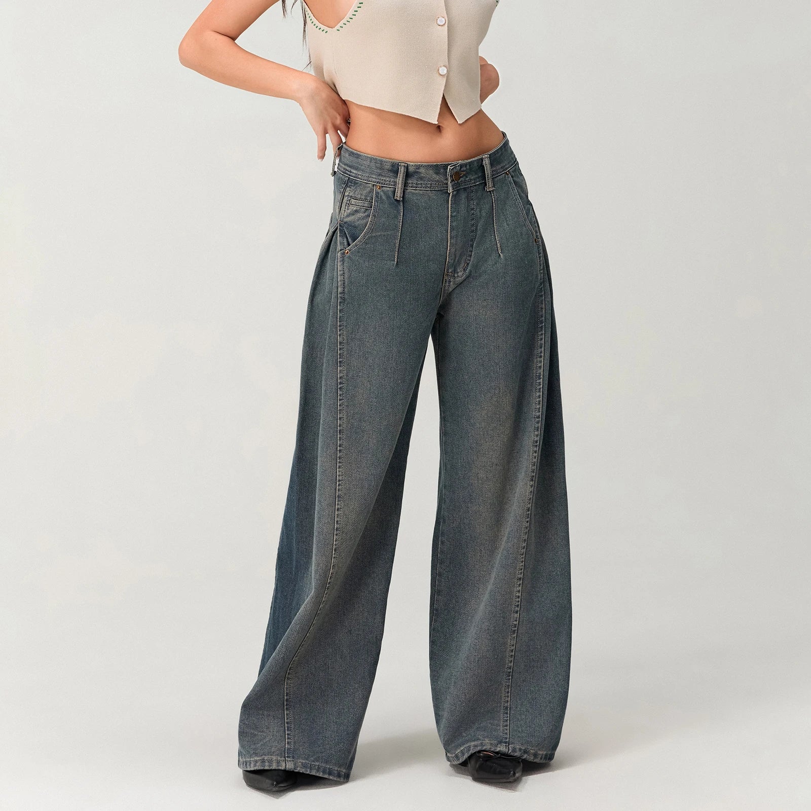 Women's Vintage Denim Washed Baggy Jeans with Pleated Pockets