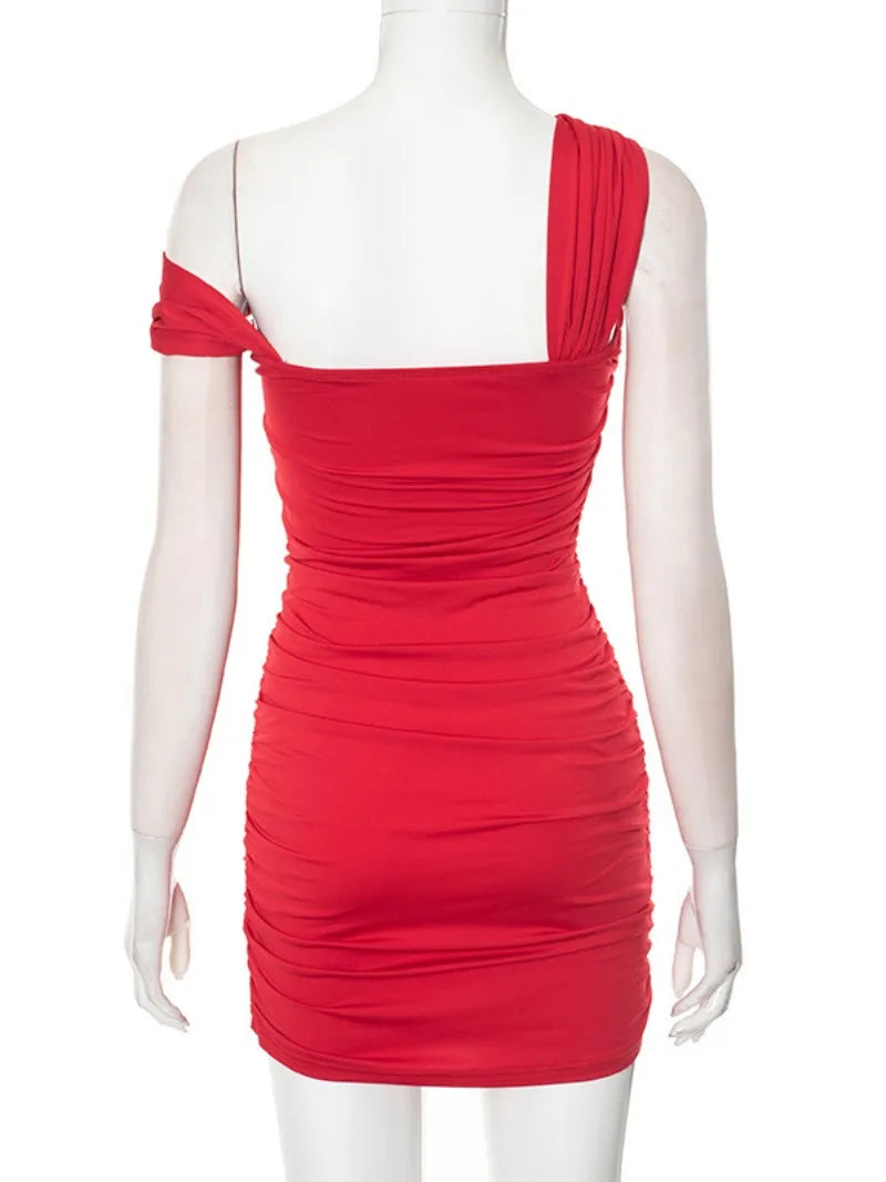 One Shoulder Ruched Asymmetrical Red Black Dress for Parties