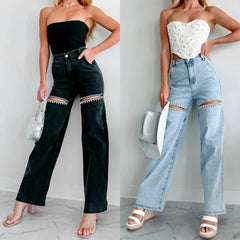 Streetwear Ripped Wide Leg Jeans for Women Casual Summer Fashion