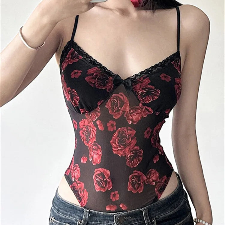 Women's Rose Print Mesh Spaghetti Strap Backless Bodysuit Camis