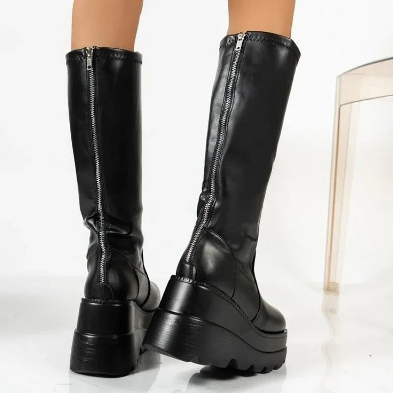 Fashion Wedge-Heeled Mid-Tube Boots for Ladies in Gothic Style