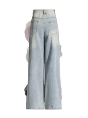 High Waisted Loose Straight Jeans with 3D Flower Appliques