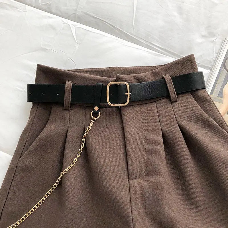 Women's Casual Elegant Woolen Shorts with Belt in Autumn Style