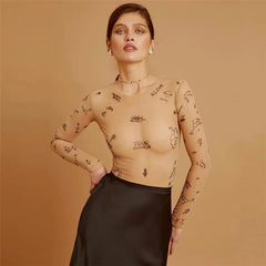 Body en maille à imprimé tatouage nude pour femme – Haut transparent