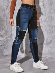 Women's Blue and Black Contrast Tight Jeans for Stylish Look