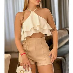 Women's Ruffled Halter Camis Tops Set with High Waist Shorts