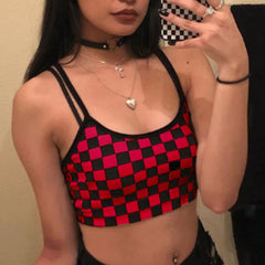 Black Red Plaid Checkerboard Halter Crop Top for Women