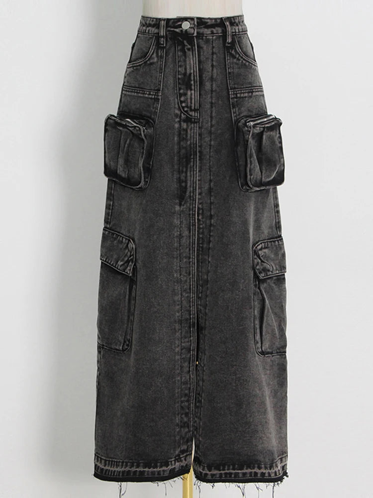 Jupe fendue en patchwork de denim taille haute pour femme avec poches 