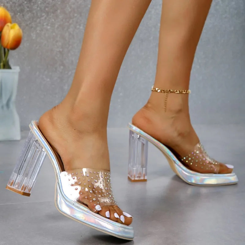 Women's Transparent Chunky Heel Peep Toe Platform Slippers