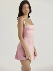 Pink Mini Dress with Square Neckline and Fitted Bodice