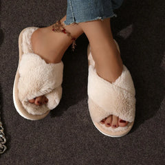 Women's Soft Plush Cross Strap Fur Slippers for Indoor Comfort