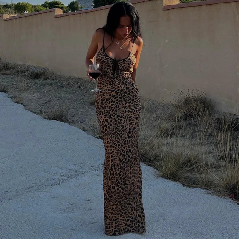 Leopard Print Slip Tie Front Maxi Dress