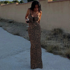 Leopard Print Slip Tie Front Maxi Dress