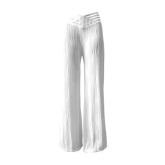 Hollow Out White Elegant Cuffed Wide Leg High Waist Pants for Women