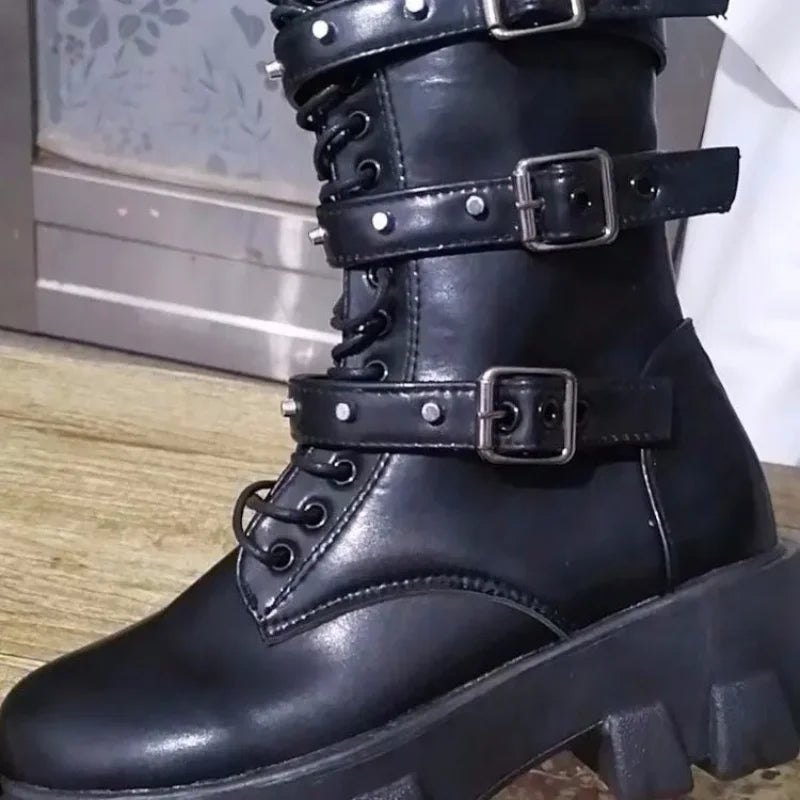 Bottes longues noires à talons mi-hauts Punk Knight pour femmes 