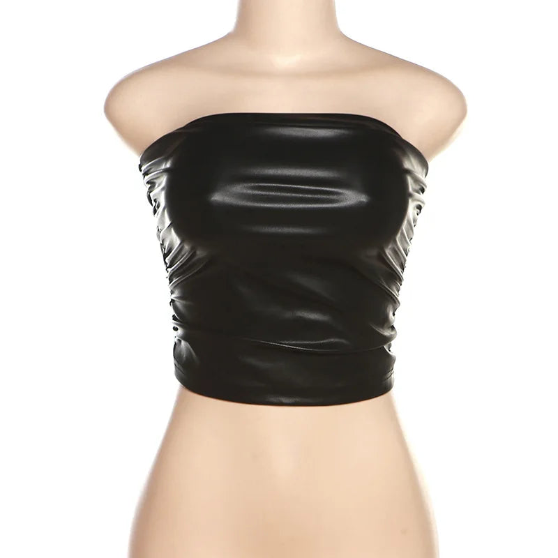 PU Leather Off-Shoulder Halter Crop Top for Women