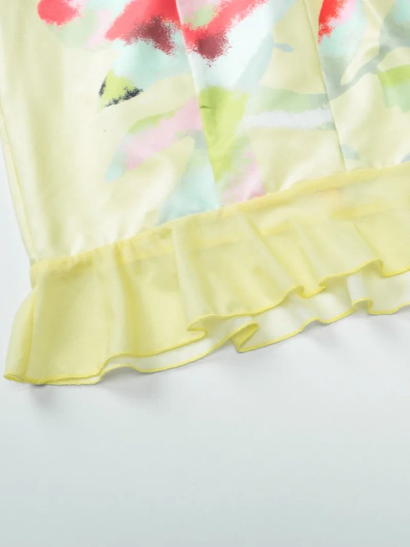 Women's Yellow Strapless Printed Wrap Mini Dress for Beach Holiday