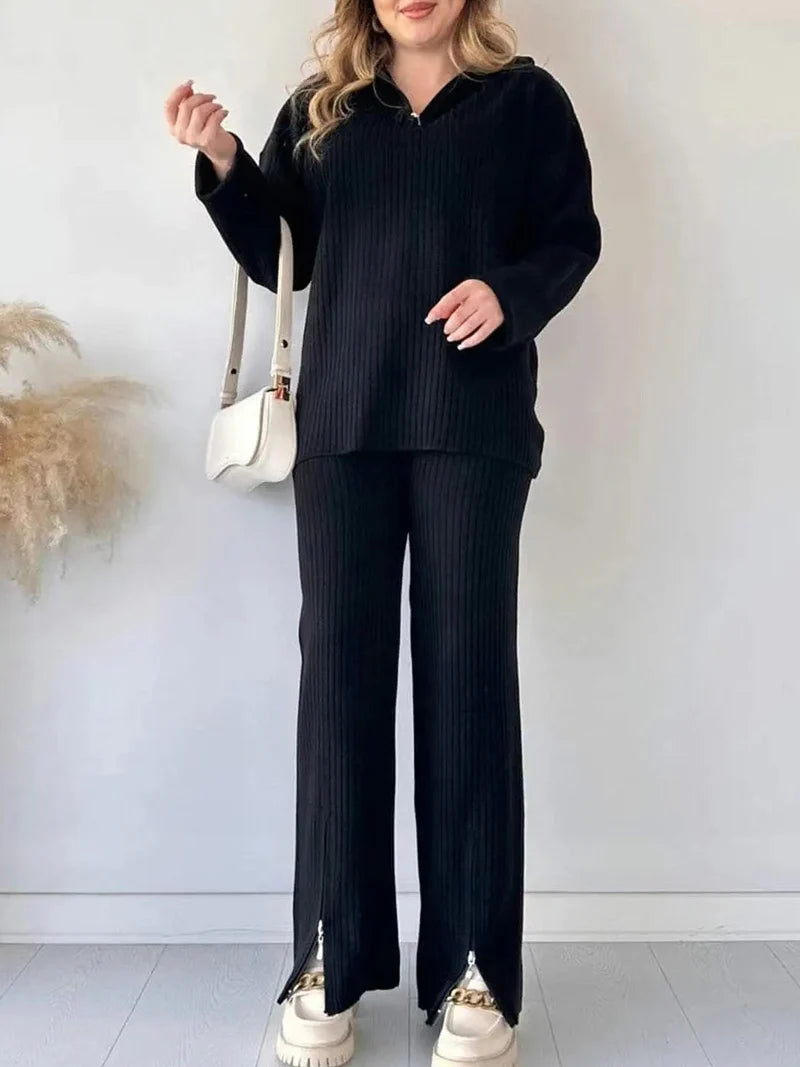 Ensemble pull et pantalon tricotés à demi-fermeture éclair pour femme automne-hiver