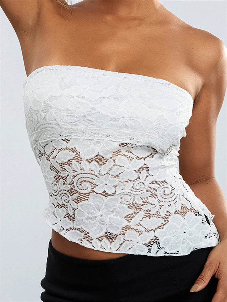 Women's Floral Lace Off-Shoulder Tube Top with Irregular Hem