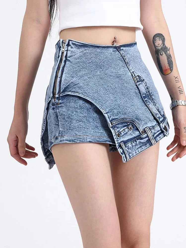 Short en jean taille haute chic avec poche et fermeture éclair pour femme 