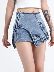 Short en jean taille haute chic avec poche et fermeture éclair pour femme 