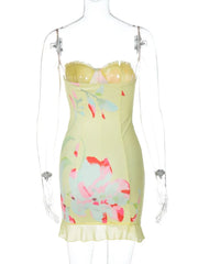 Women's Yellow Strapless Printed Wrap Mini Dress for Beach Holiday