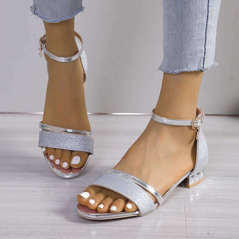 Women's Crystal Open-Toed Thick Heel Sandals for Summer Parties