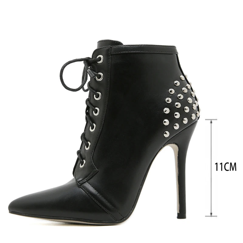 Women's Rivet Cross-Strap Ankle Boot with Thin High Heels