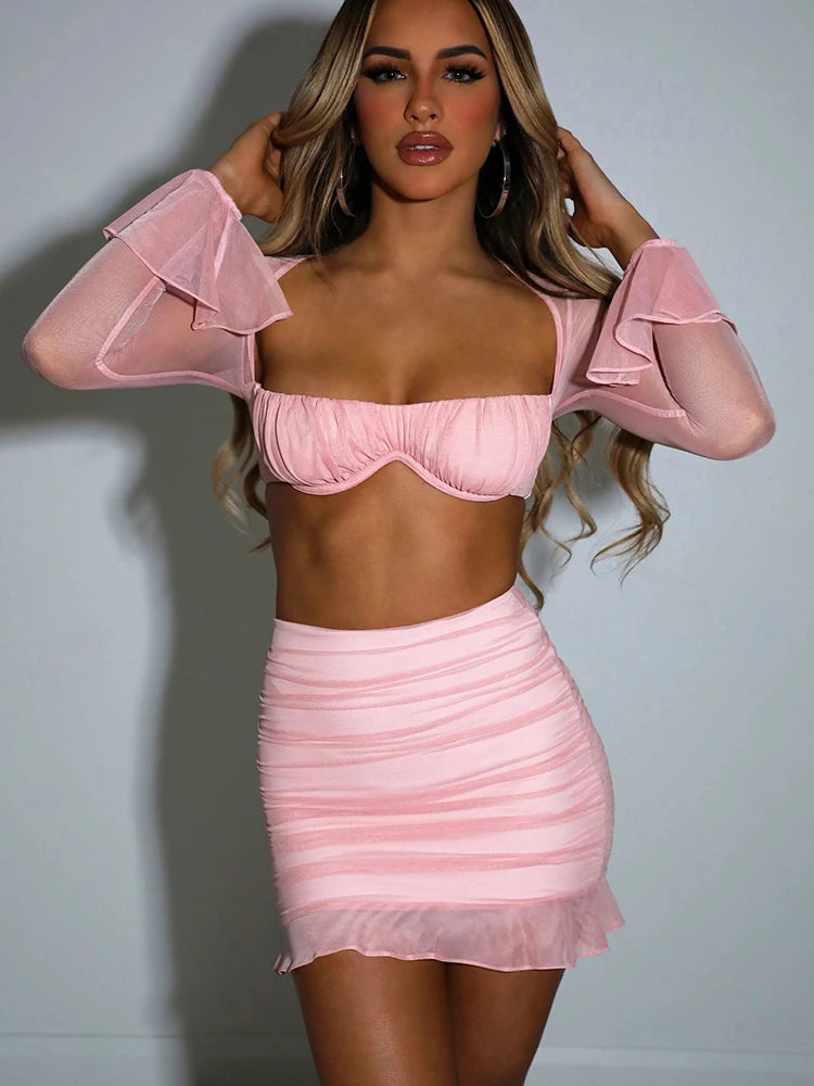 Women’s Strapless Mesh Dress Set With Full Sleeve Crop Top