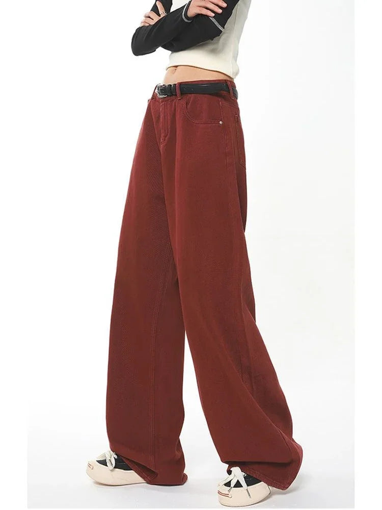 Pantalon décontracté à taille haute et jambe large pour femme, style streetwear, rouge