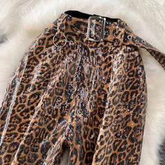 Women's High-Waisted Sequin Leopard Print Flared Pants with Belt