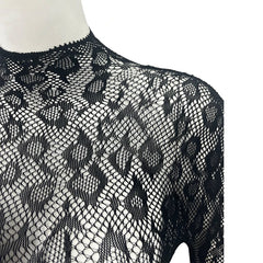 Black Lace See Through Long Sleeve Fishnet Bodysuit for Women