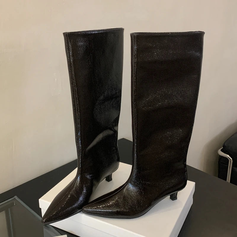 Bottes hautes confortables à bout pointu pour femmes, automne-hiver