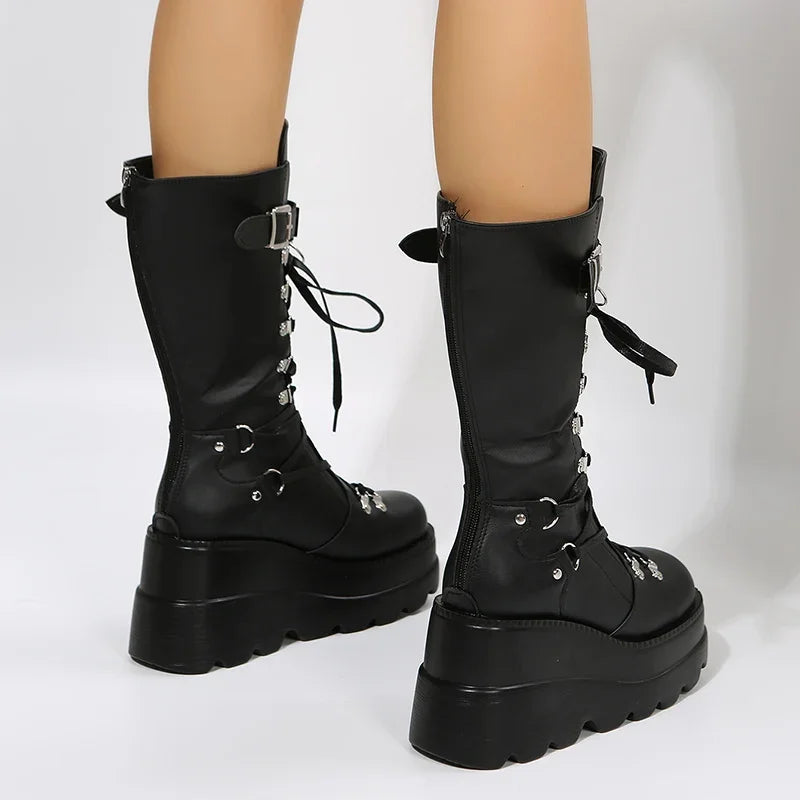 Women's Black Goth Platform Motorcycle Combat Boots with Rivets