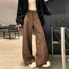 Women's Fashion Leopard Print Wide Leg High Waist Pants