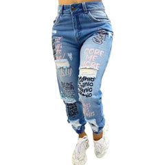 Stylish Plus Size Monogrammed Slashed Chino Jeans for Women