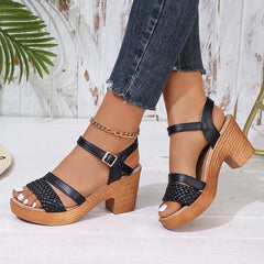 Women's Weave High Heels Sandals Thick Platform Ankle Strap Shoes