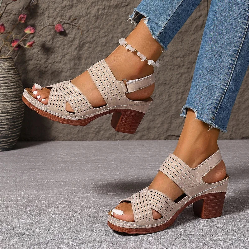 Women's Thick High Heel Cross Band Sandals with Anti-Slip Platform