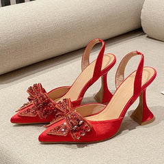 Red Sequined Crystal Bowknot Pointed Toe High Heels Slingback Pumps