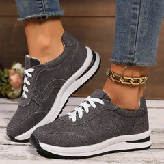 Women's Blue Denim Platform Sneakers with Thick Sole and Lace Up Style