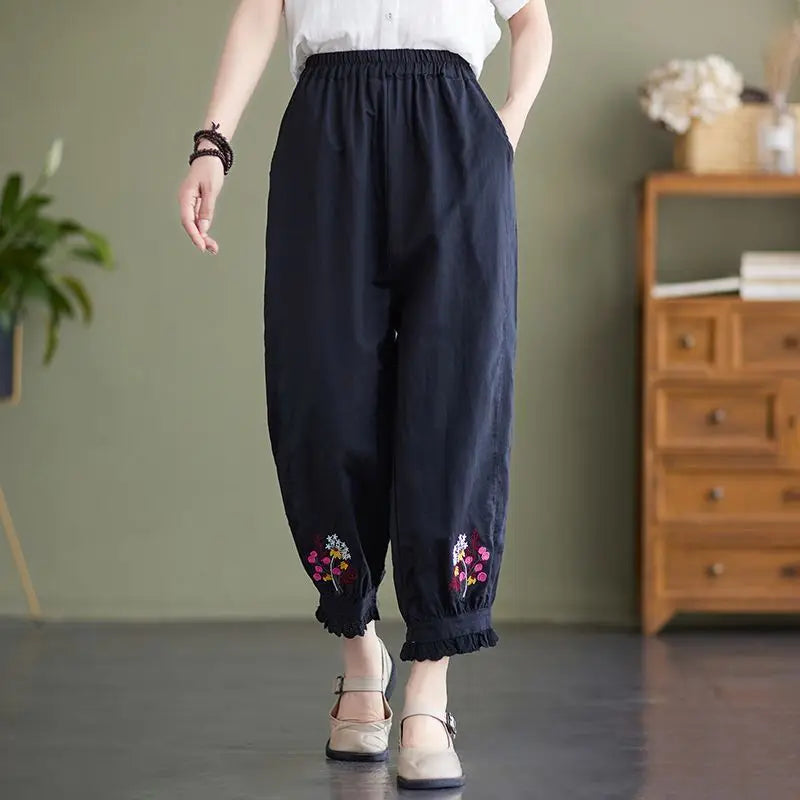 Spring and Summer Women's Spliced High Waist Cotton Hemp Halen Pants