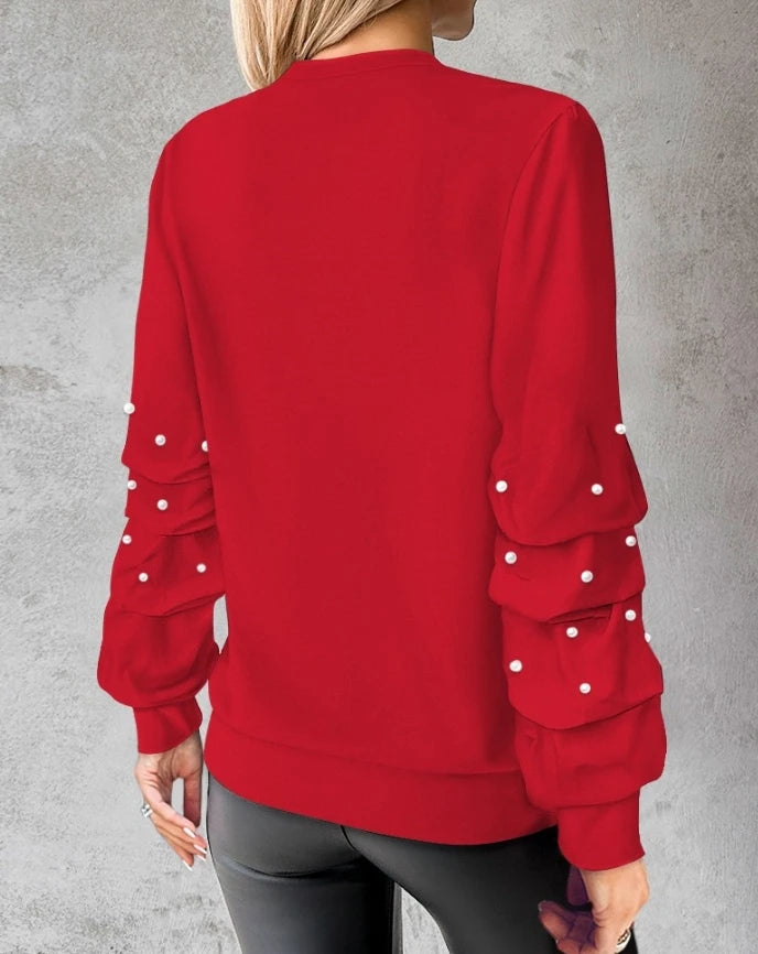 Women's Casual Keyhole Neck Long Sleeve Beaded Blouse Top