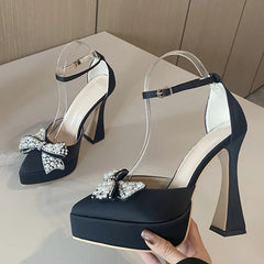 Women's White Pearl Bowknot High Heels Platform Sandals