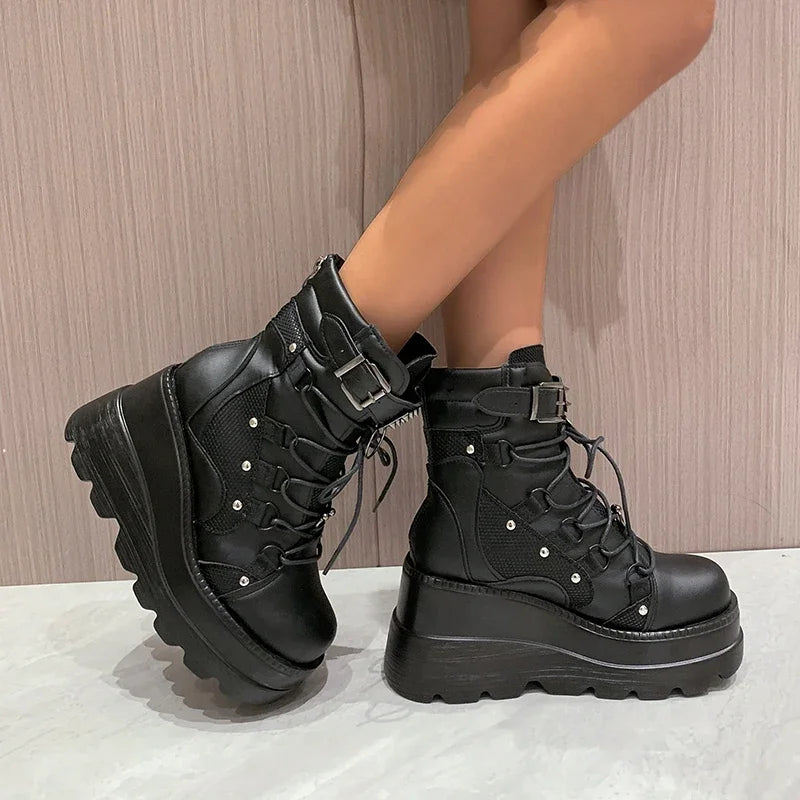 Women's Black Ankle Boots Platform Wedges High Heels Cosplay Shoes