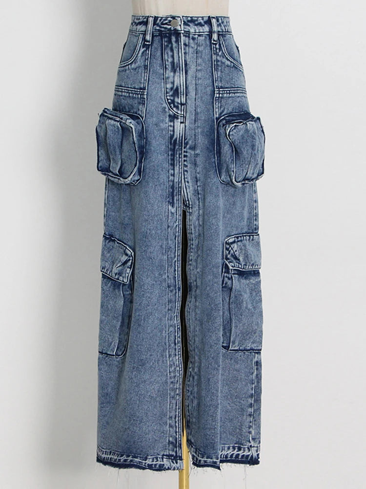 Jupe fendue en patchwork de denim taille haute pour femme avec poches 