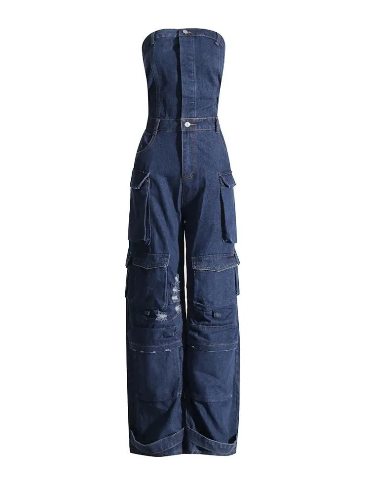 Solid Patchwork Pocket Casual Denim Jumpsuit for Women Strapless